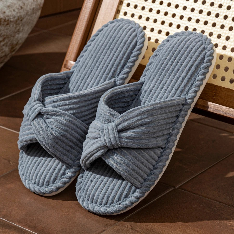 Open-Toe Bow Corduroy Plush Comfort Slippers