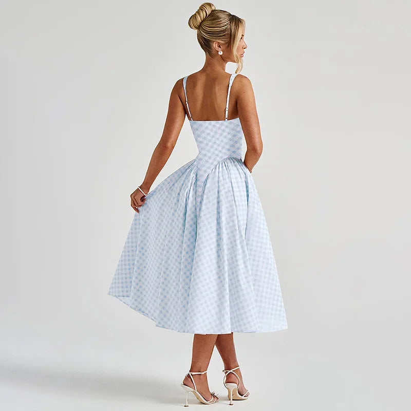 Pastel Check Square Neck A-Line Sundress with Adjustable Straps