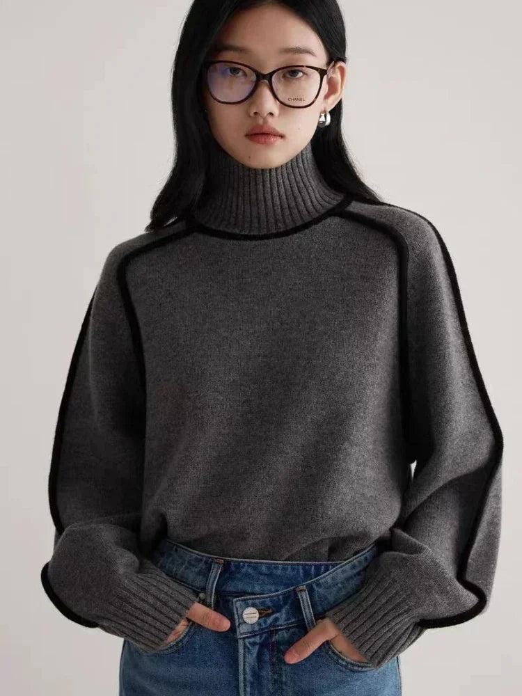 Contrast Seam Relaxed Turtleneck Sweater