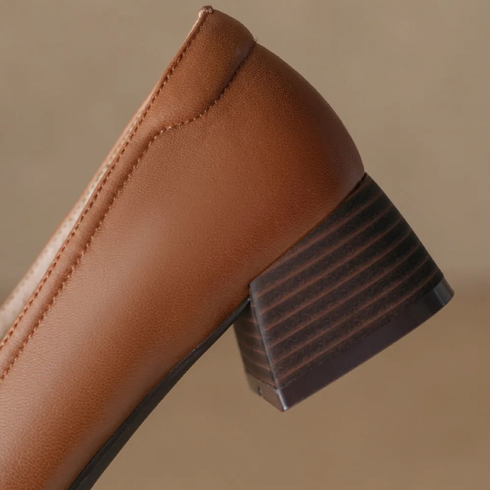 Square Toe Genuine Leather Low Block Heel Pumps