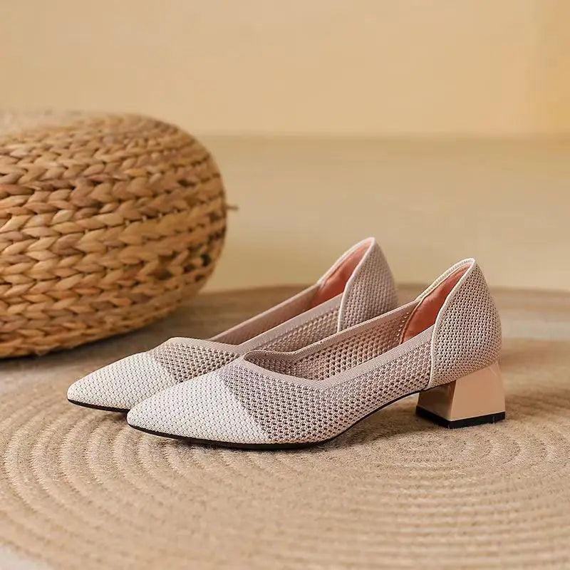 Breathable Knit Block Heel Pumps