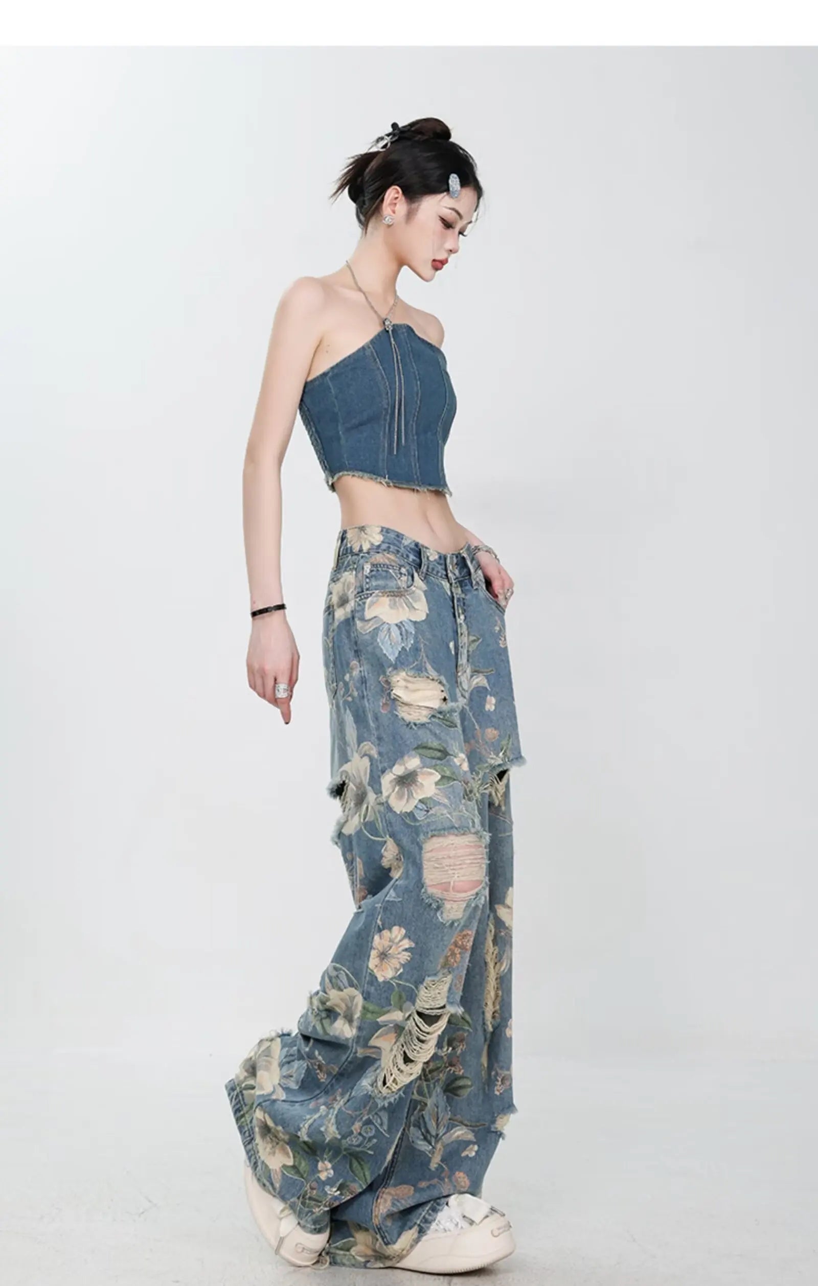 Floral Distressed Wide-Leg Denim Jeans