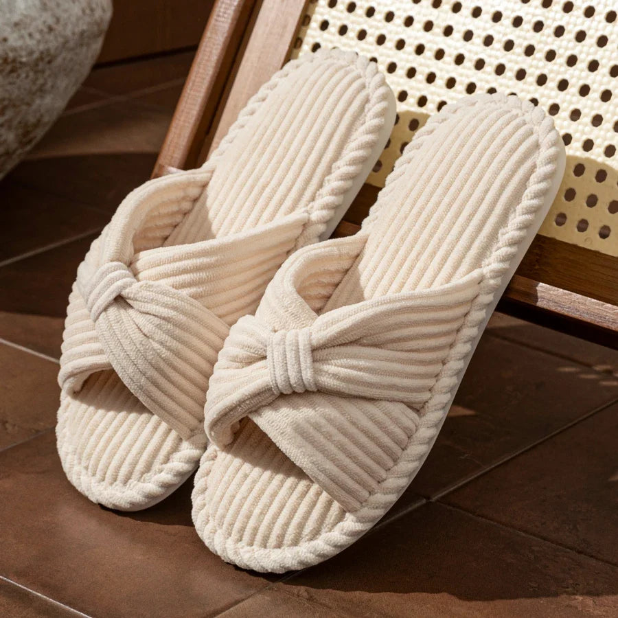 Open-Toe Bow Corduroy Plush Comfort Slippers