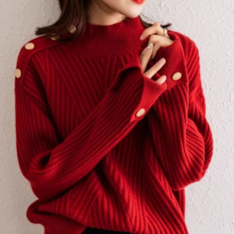 Oversized Ribbed High-Neck Button Sweater