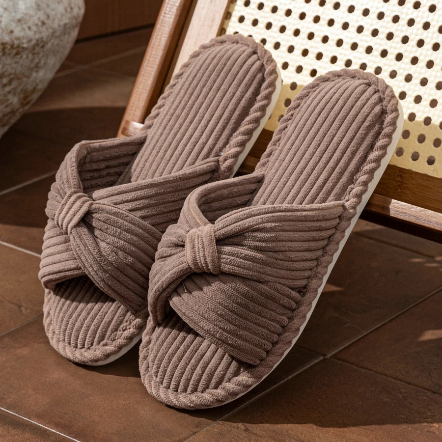 Open-Toe Bow Corduroy Plush Comfort Slippers