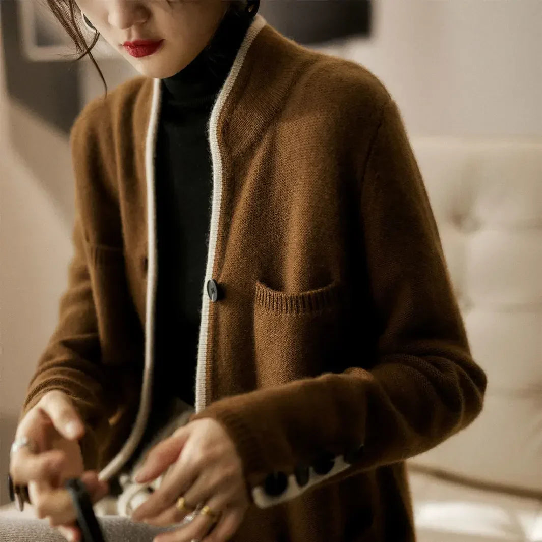 Contrast Trim Wool-Blend Relaxed Cardigan