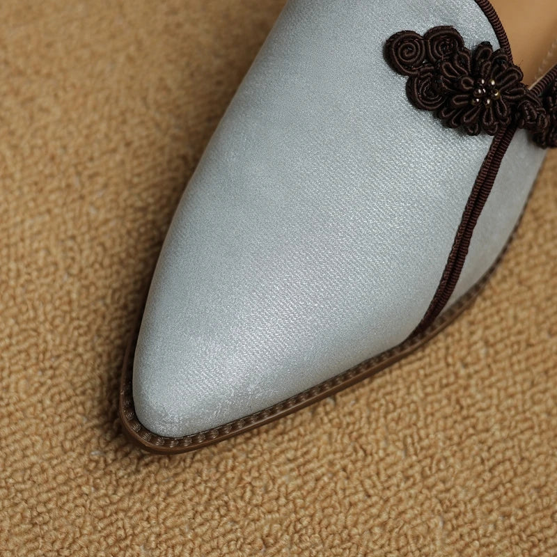 Floral Suede Block Heel Pumps with Pointed Toe