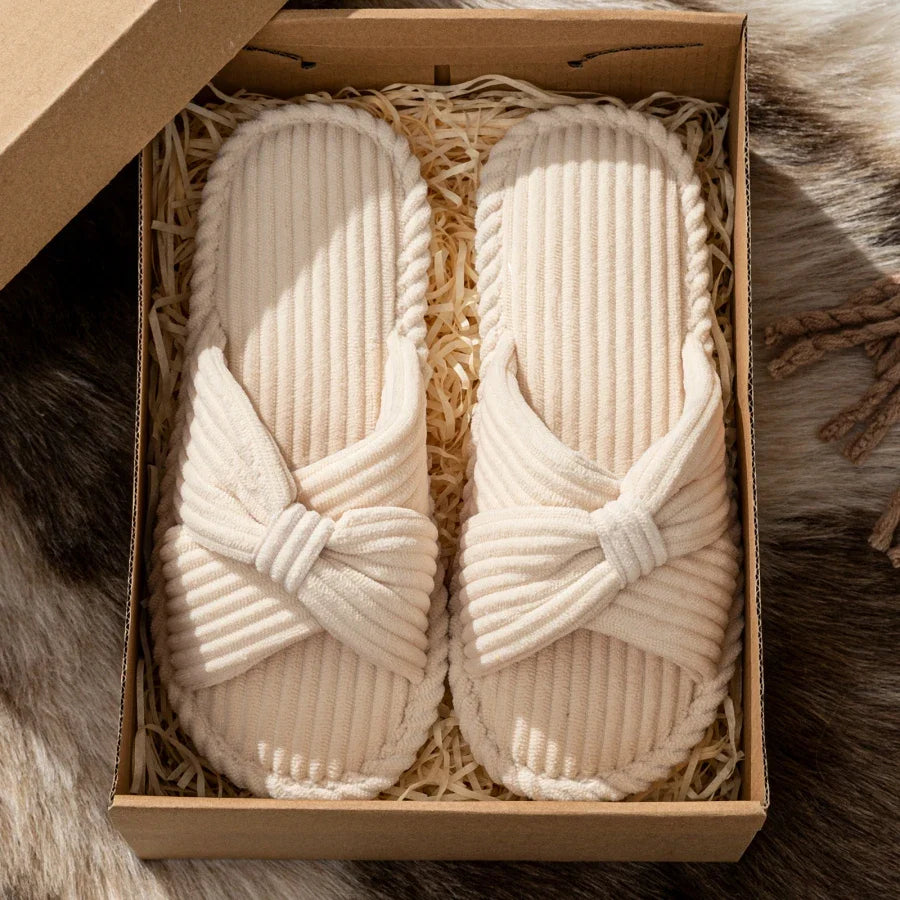 Open-Toe Bow Corduroy Plush Comfort Slippers