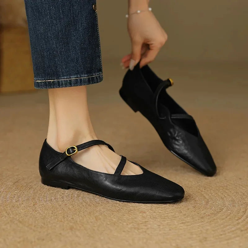 Adjustable Strap Leather Ballet Flats