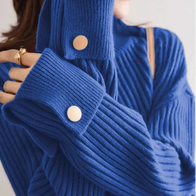 Oversized Ribbed High-Neck Button Sweater