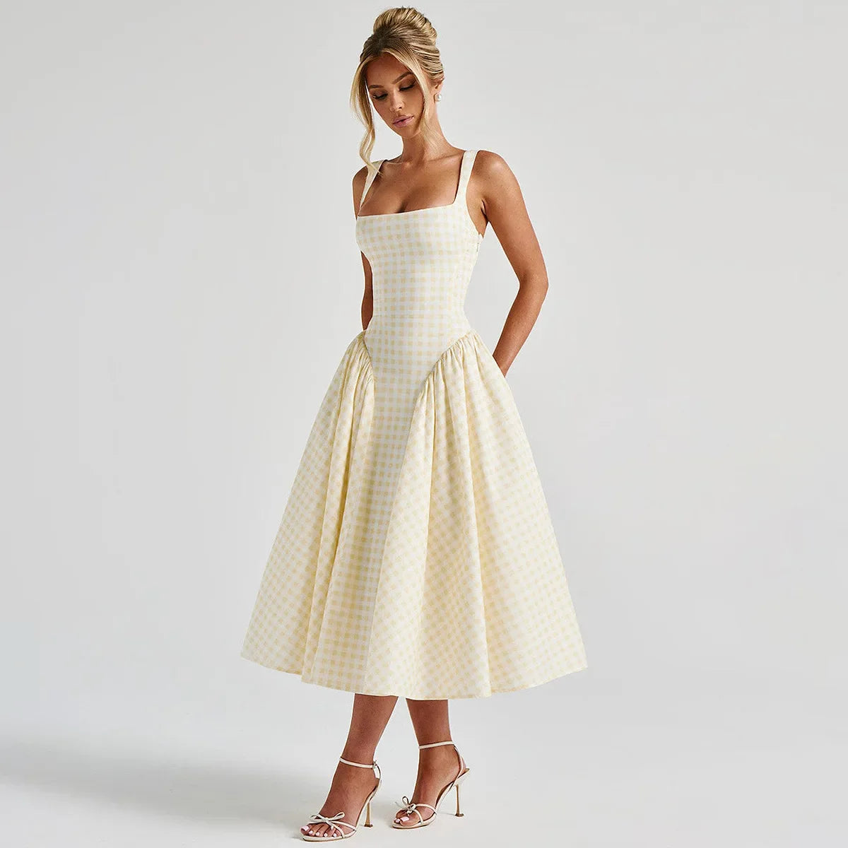 Pastel Check Square Neck A-Line Sundress with Adjustable Straps