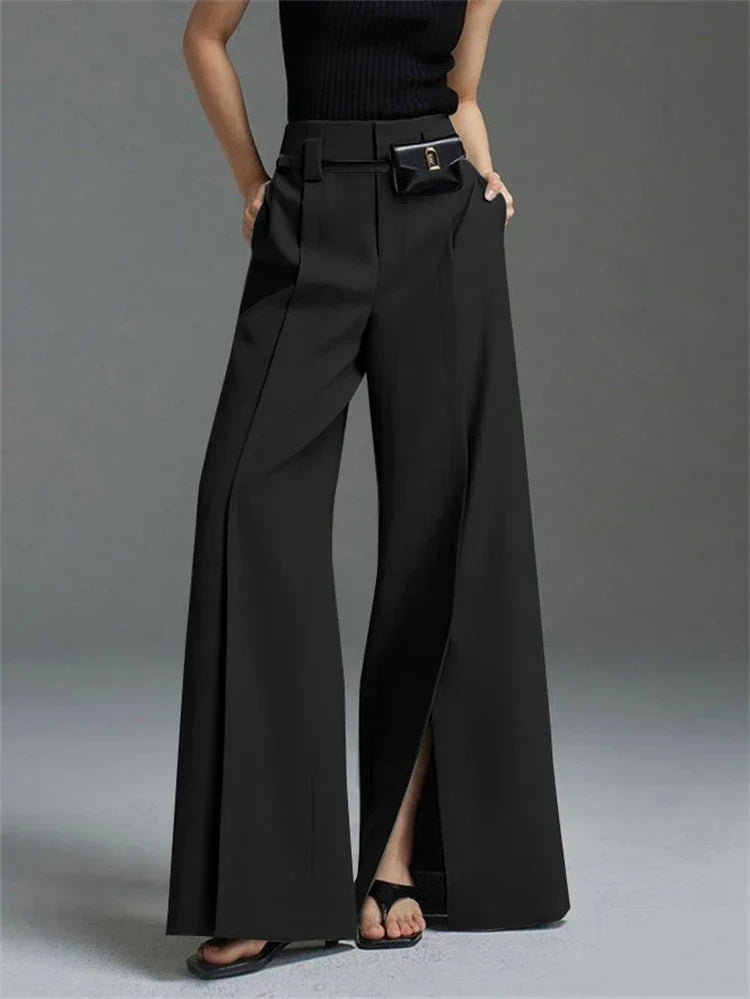 Pleated High-Waist Split Front Wide-Leg Trousers