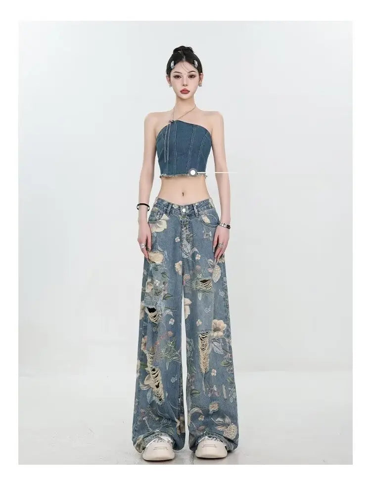 Floral Distressed Wide-Leg Denim Jeans