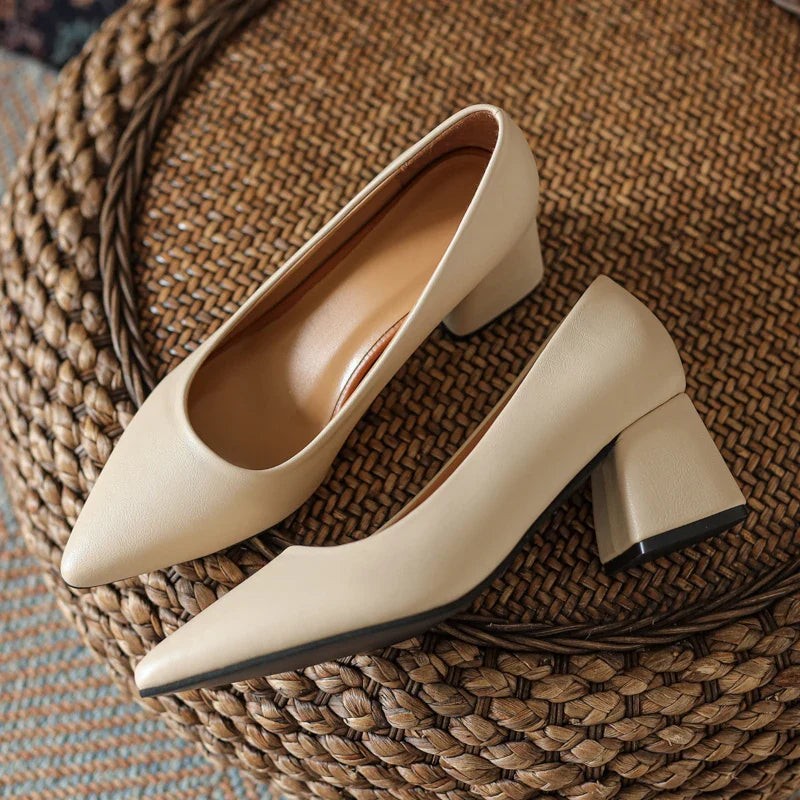 Minimal Block Heel Closed-Toe Leather Pumps