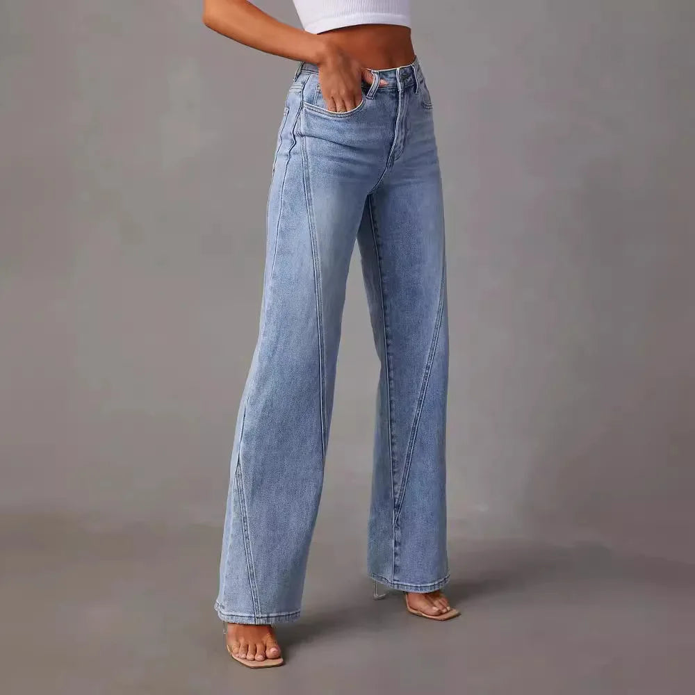 Vintage Wash Striped Wide-Leg Denim Jeans