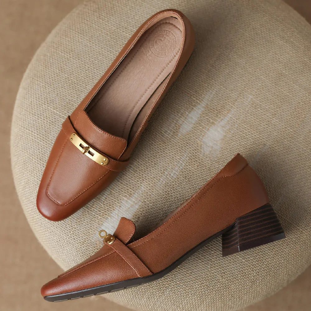 Square Toe Genuine Leather Low Block Heel Pumps