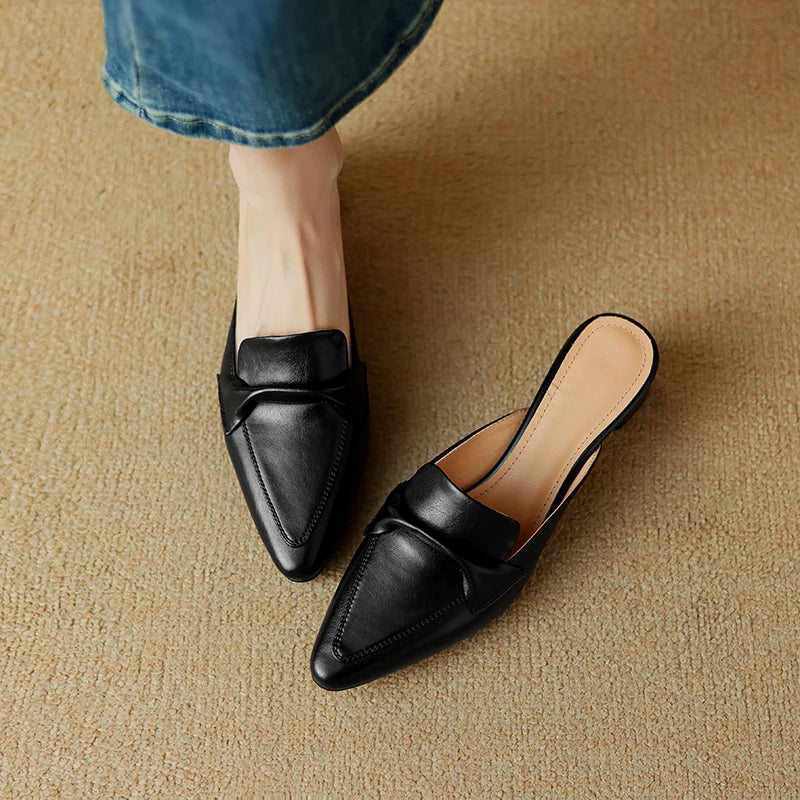 Pointed Toe Genuine Leather Block Heel Mules