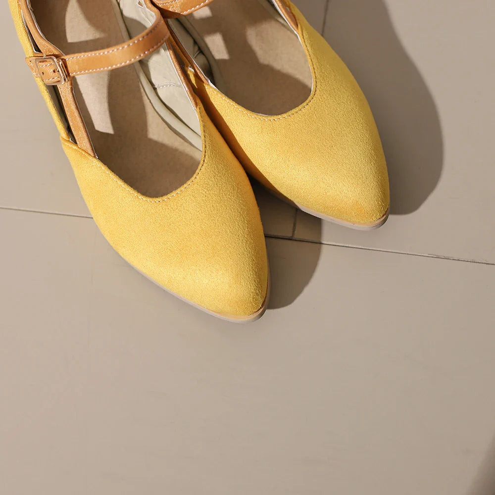 Suede Ankle Strap Closed-Toe Block Heel Pumps