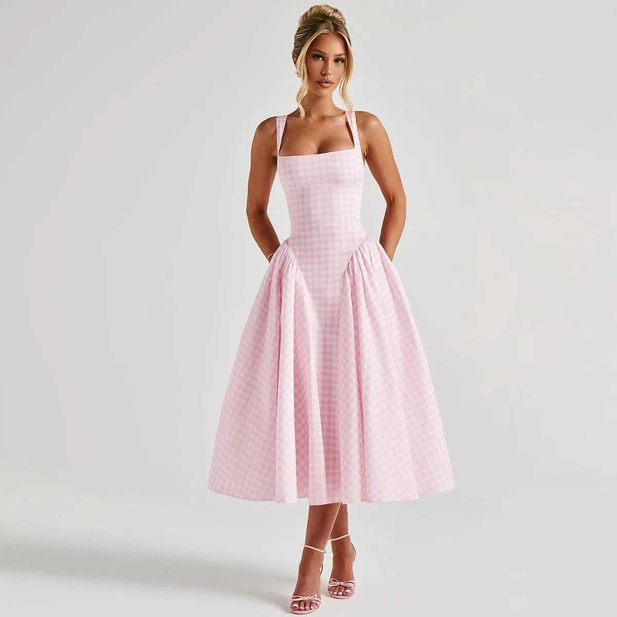 Pastel Check Square Neck A-Line Sundress with Adjustable Straps