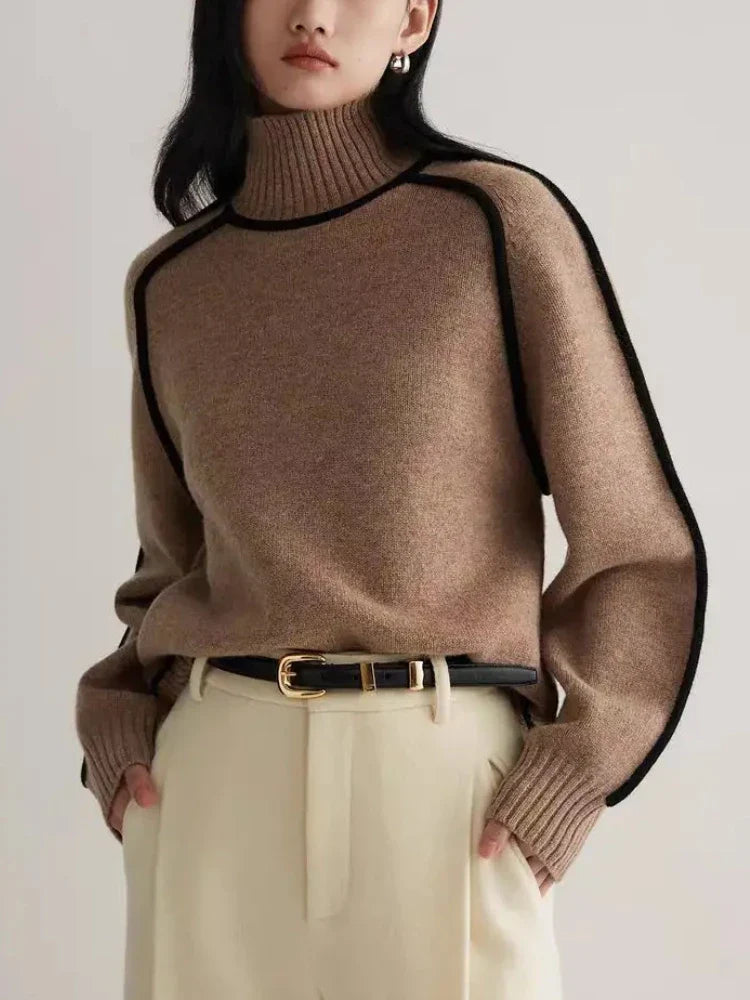 Contrast Seam Relaxed Turtleneck Sweater