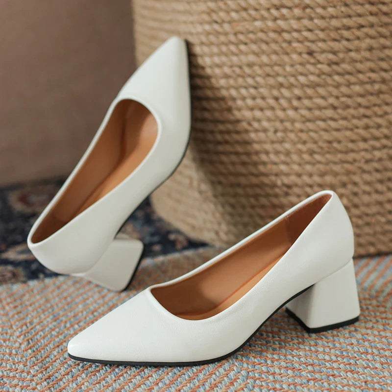 Minimal Block Heel Closed-Toe Leather Pumps