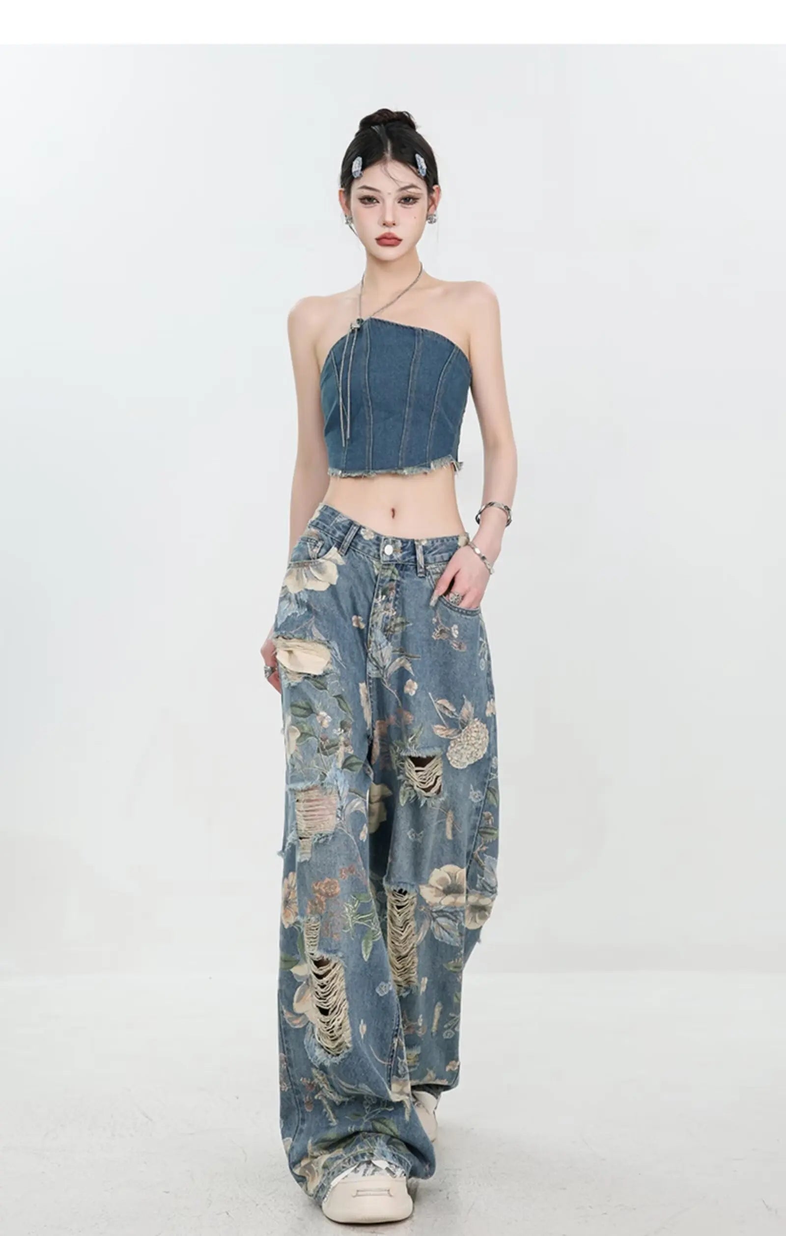 Floral Distressed Wide-Leg Denim Jeans