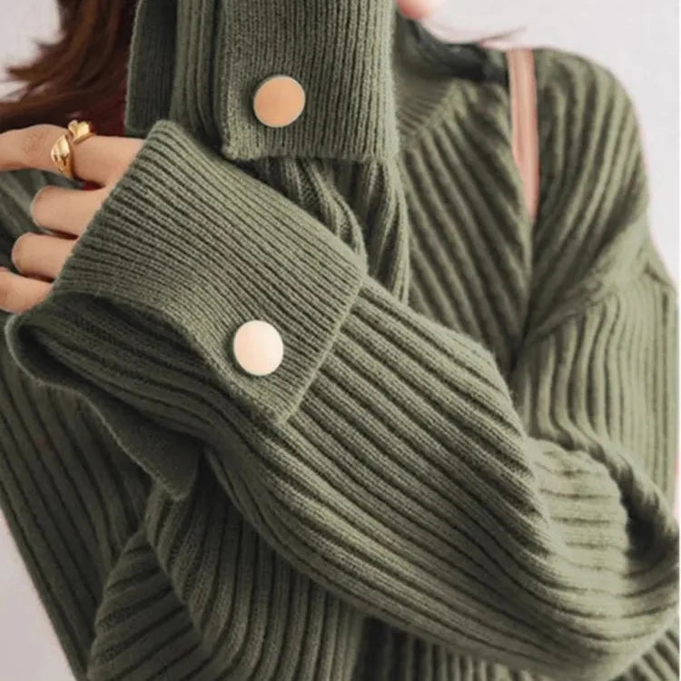 Oversized Ribbed High-Neck Button Sweater