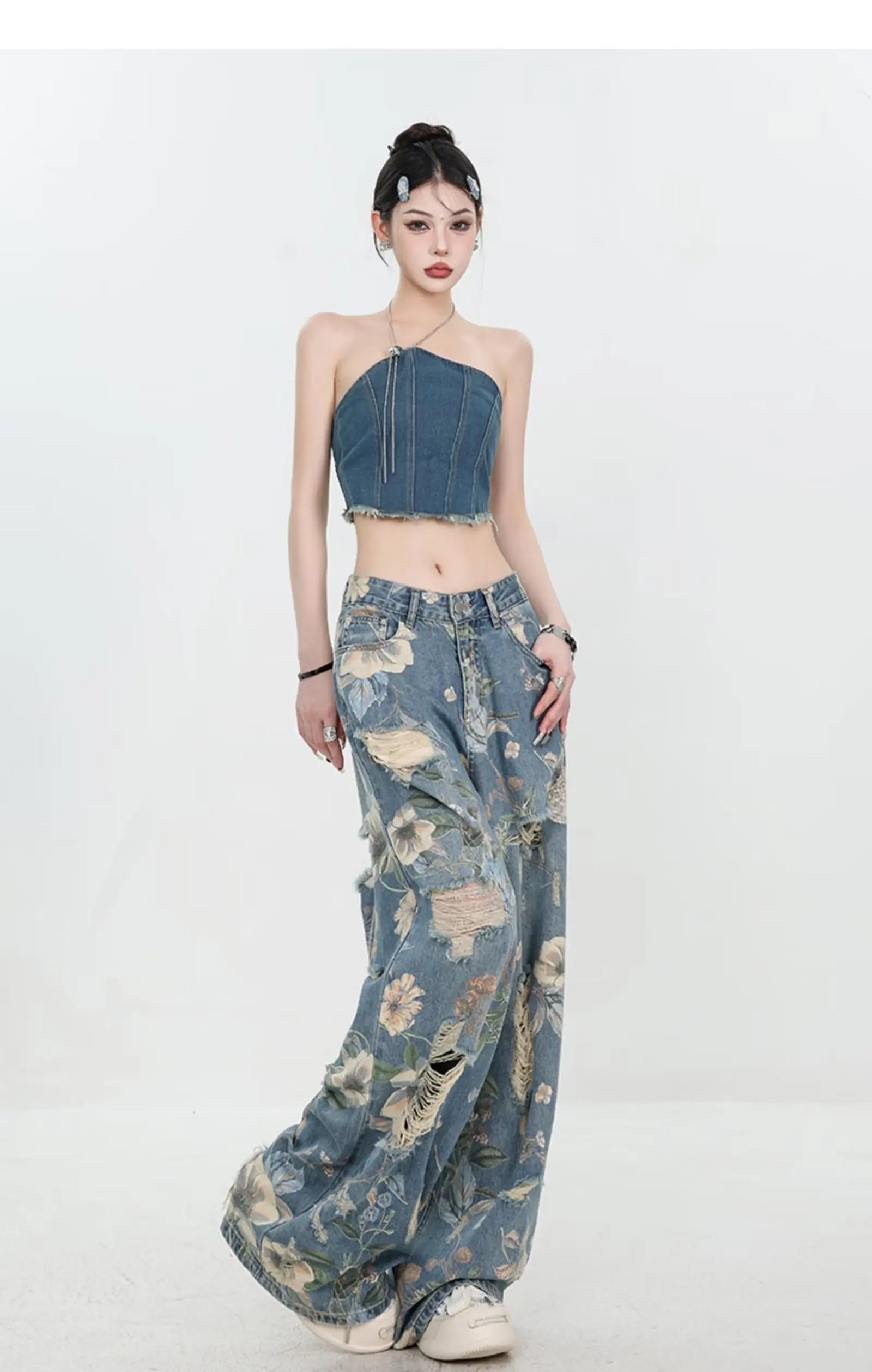 Floral Distressed Wide-Leg Denim Jeans