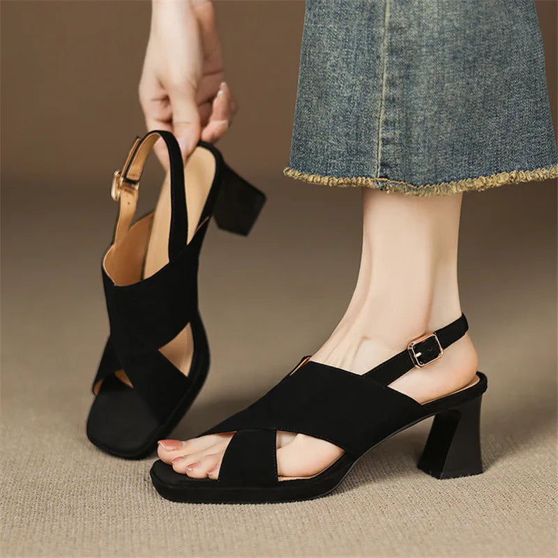 Buttery Suede Block Heel Ankle Strap Sandals
