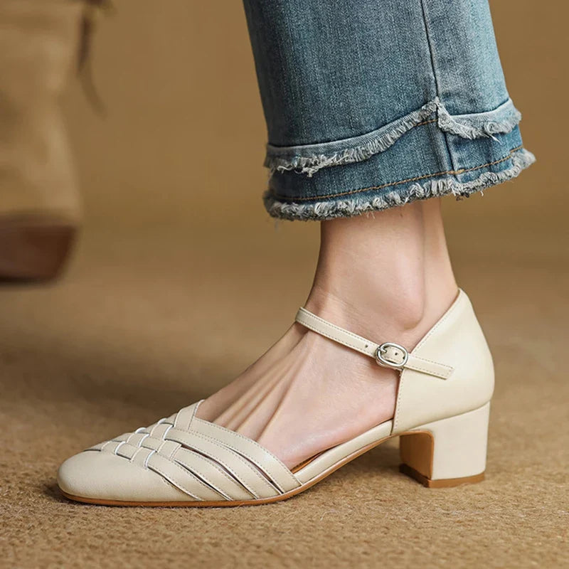Adjustable Strap Leather Block Heel Sandals