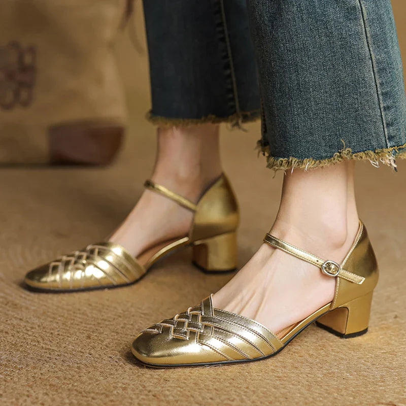 Adjustable Strap Leather Block Heel Sandals
