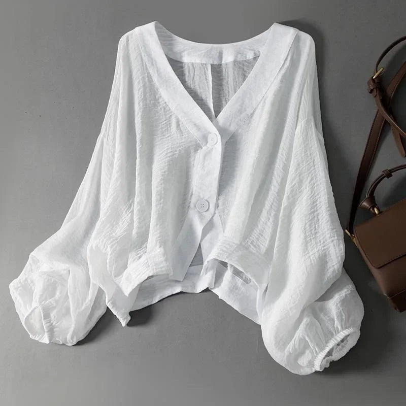 Draped Chiffon Blouson Sleeve Button Blouse