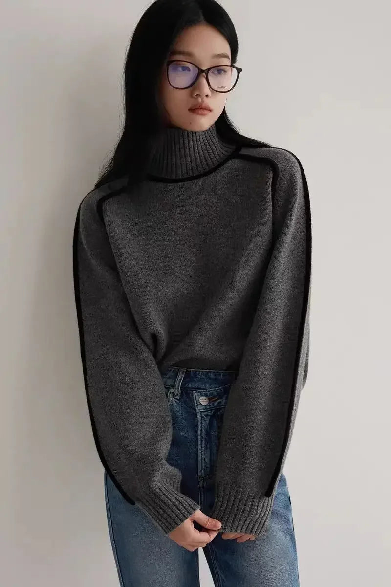 Contrast Seam Relaxed Turtleneck Sweater