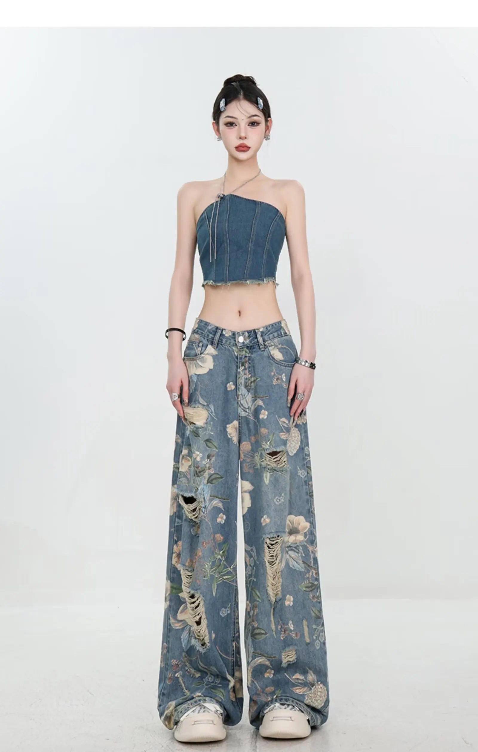 Floral Distressed Wide-Leg Denim Jeans