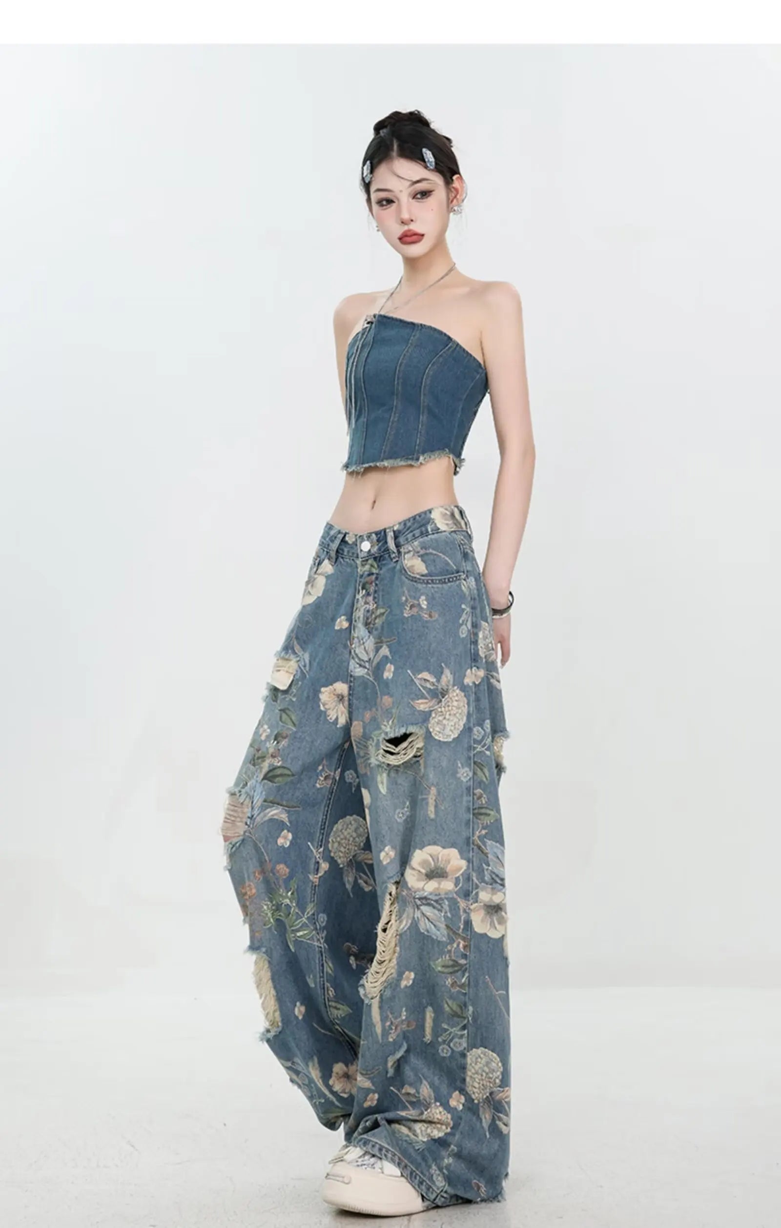 Floral Distressed Wide-Leg Denim Jeans