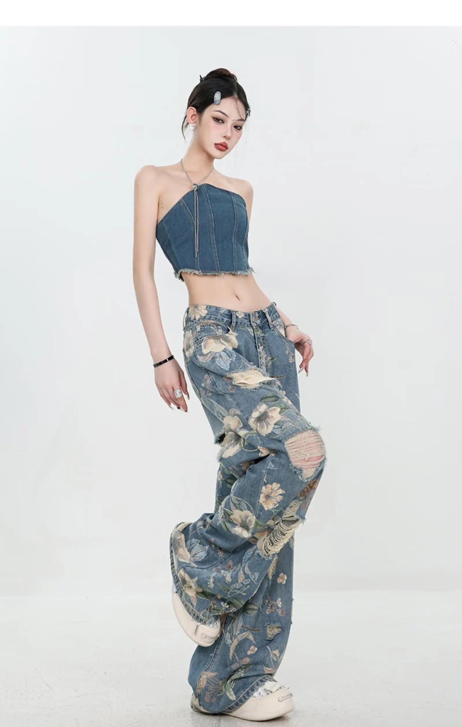 Floral Distressed Wide-Leg Denim Jeans