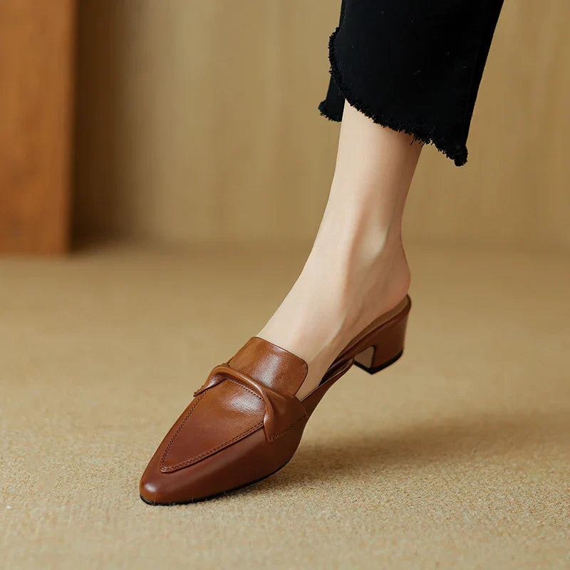 Pointed Toe Genuine Leather Block Heel Mules