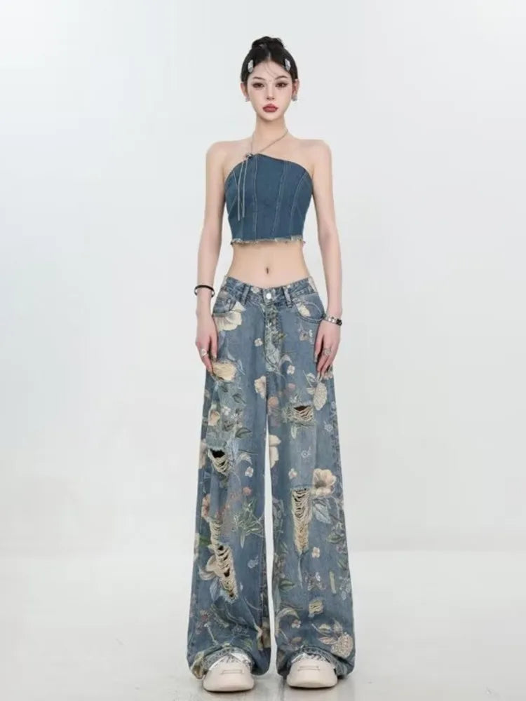 Floral Distressed Wide-Leg Denim Jeans
