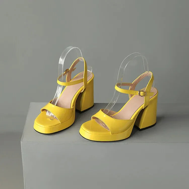 Glossy Patent Block Heel Sandals with Ankle Strap