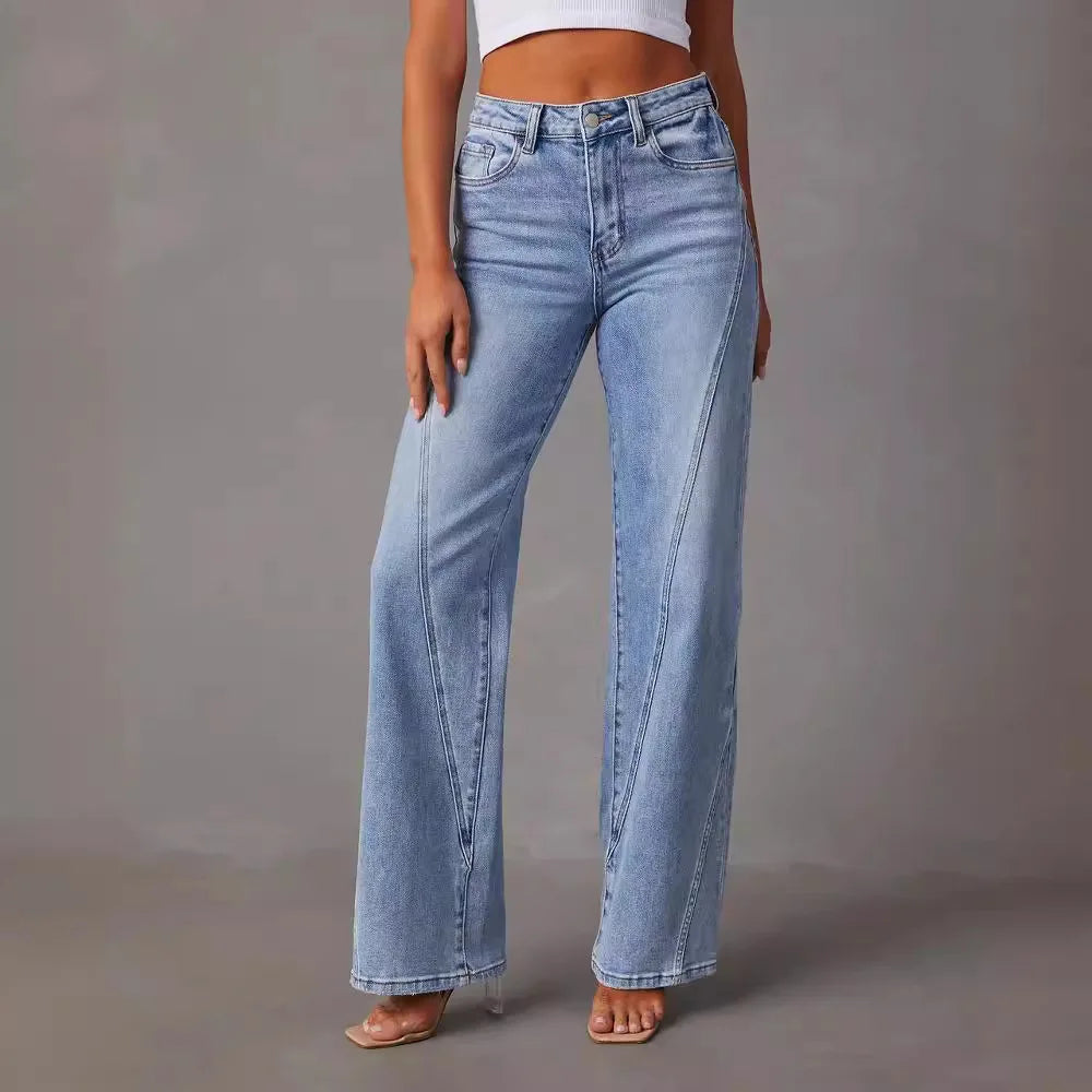 Vintage Wash Striped Wide-Leg Denim Jeans