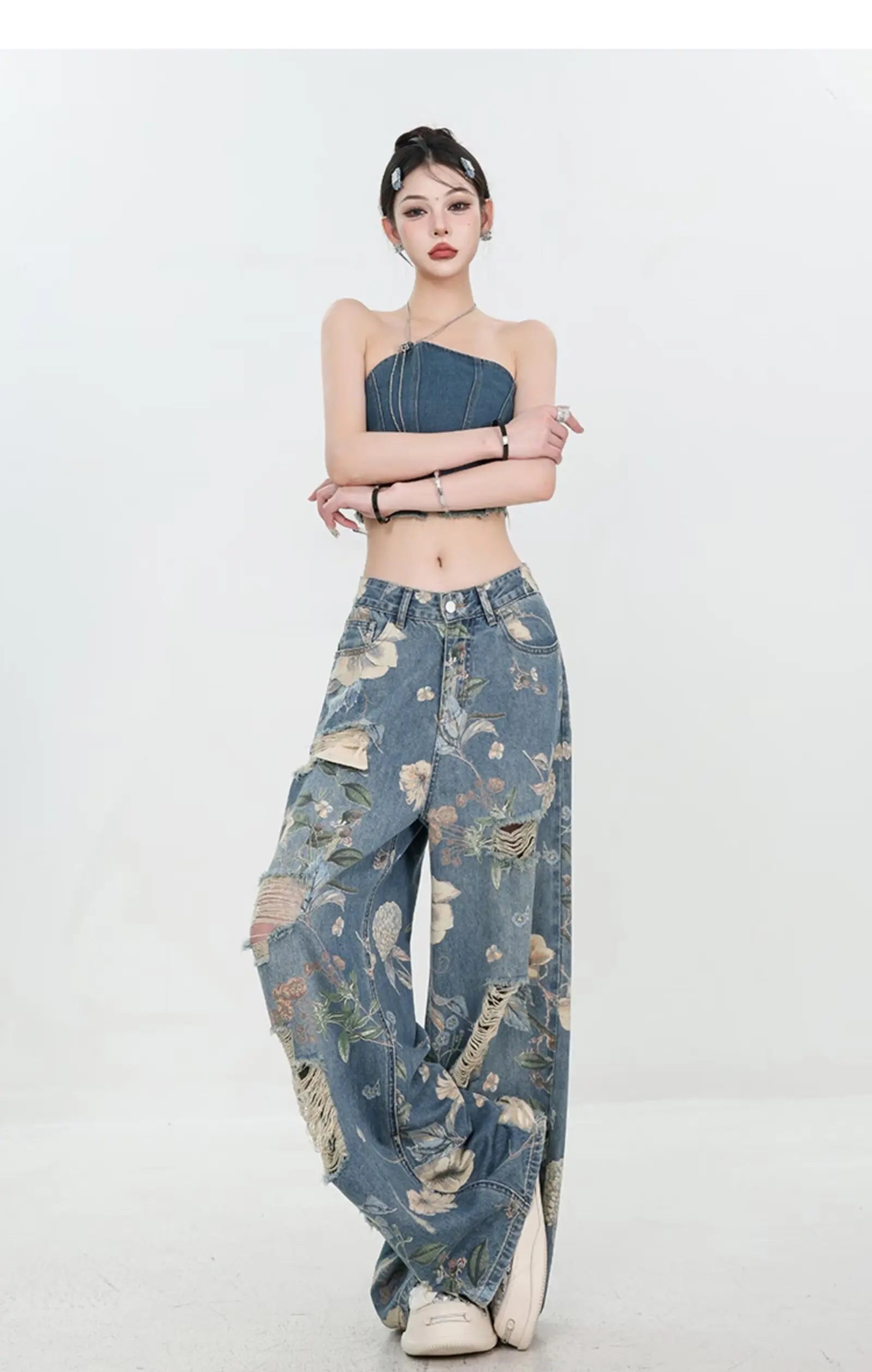 Floral Distressed Wide-Leg Denim Jeans