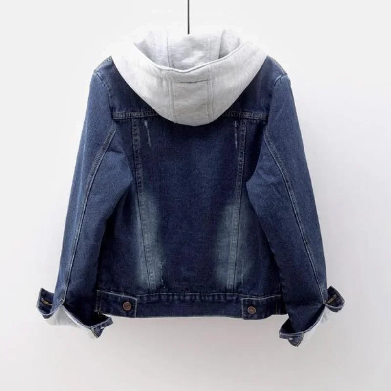 Fleece-Lined Detachable Hood Denim Jacket
