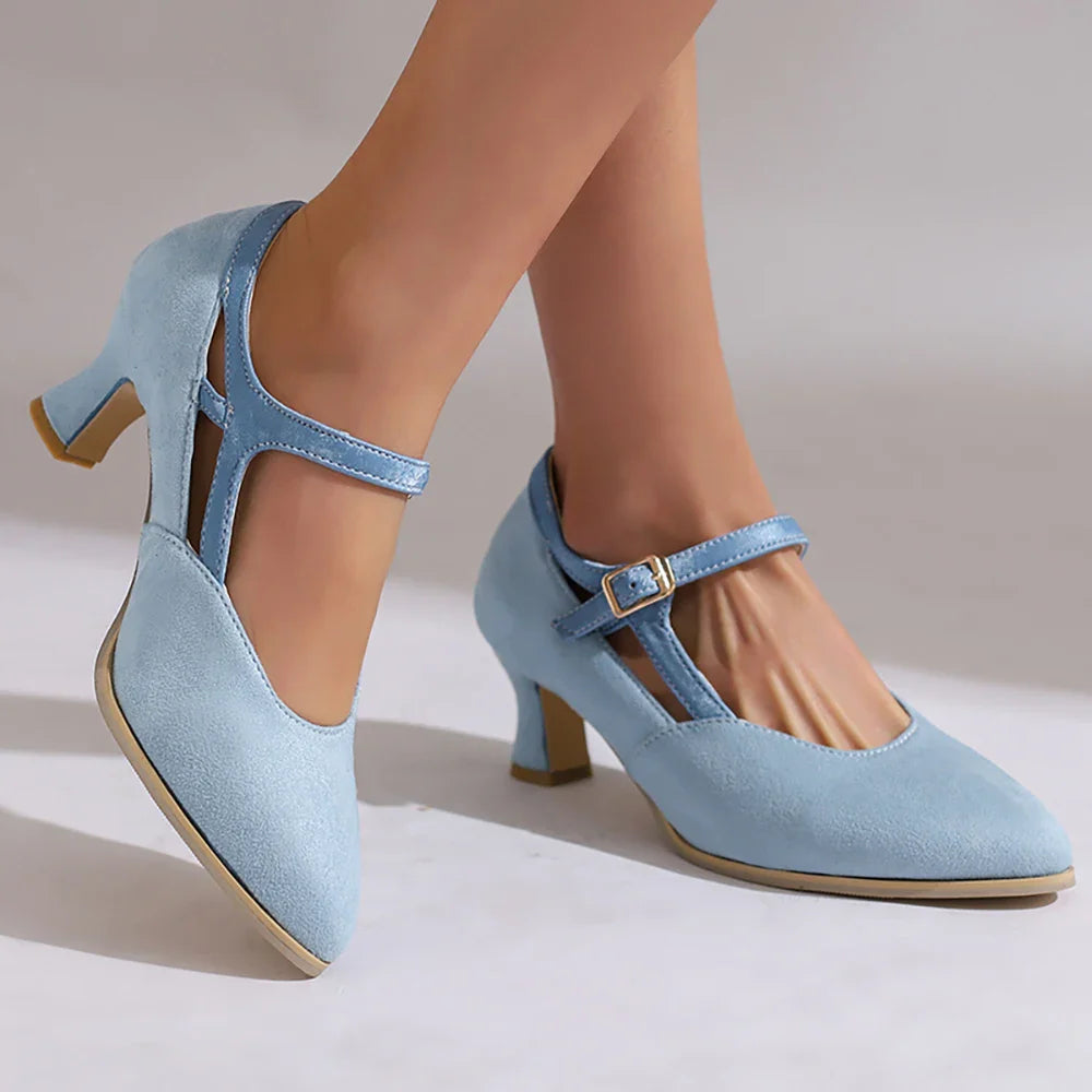 Suede Ankle Strap Closed-Toe Block Heel Pumps