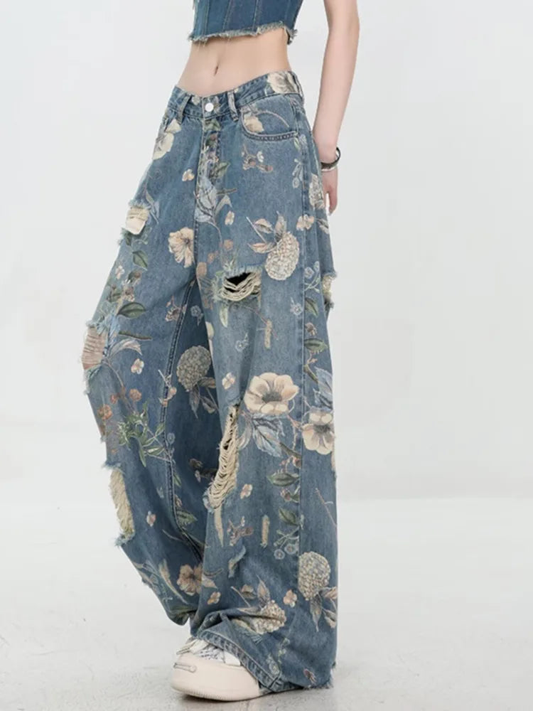 Floral Distressed Wide-Leg Denim Jeans