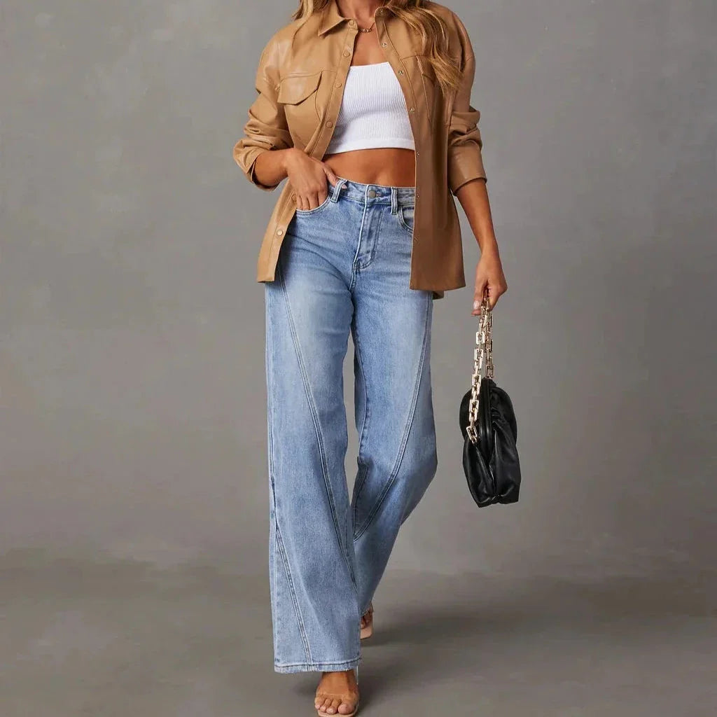 Vintage Wash Striped Wide-Leg Denim Jeans