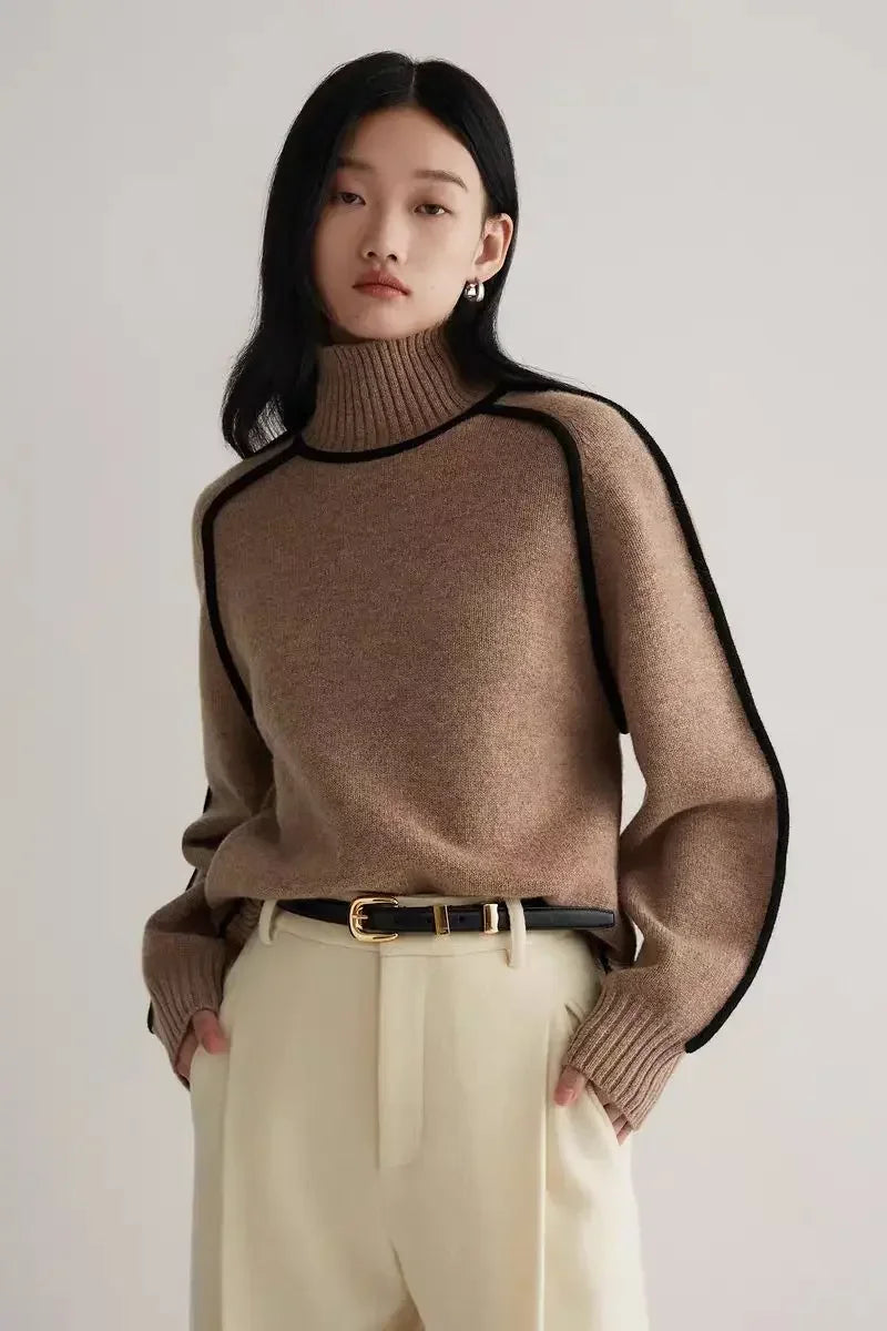 Contrast Seam Relaxed Turtleneck Sweater