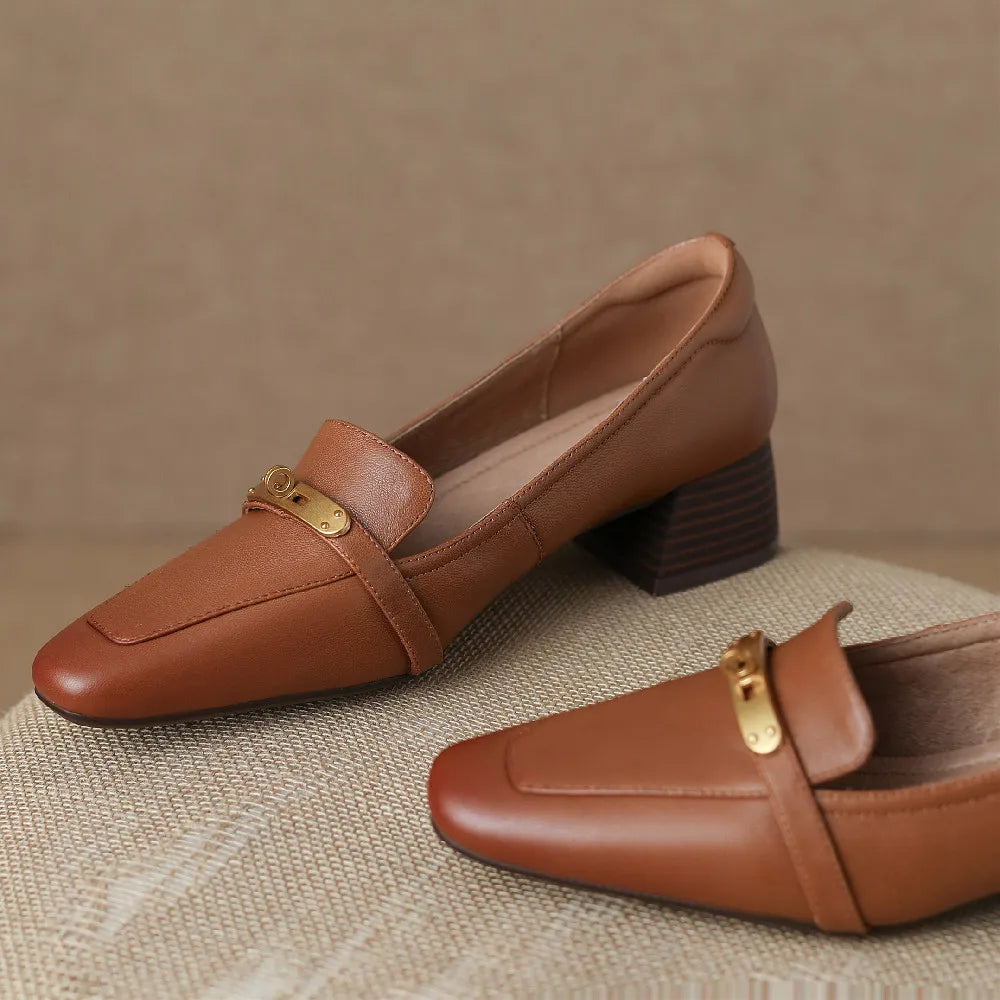 Square Toe Genuine Leather Low Block Heel Pumps