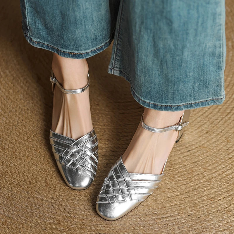 Adjustable Strap Leather Block Heel Sandals
