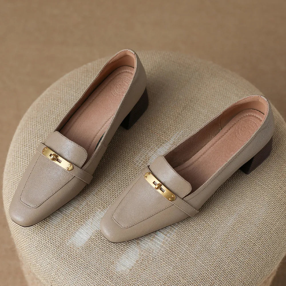 Square Toe Genuine Leather Low Block Heel Pumps