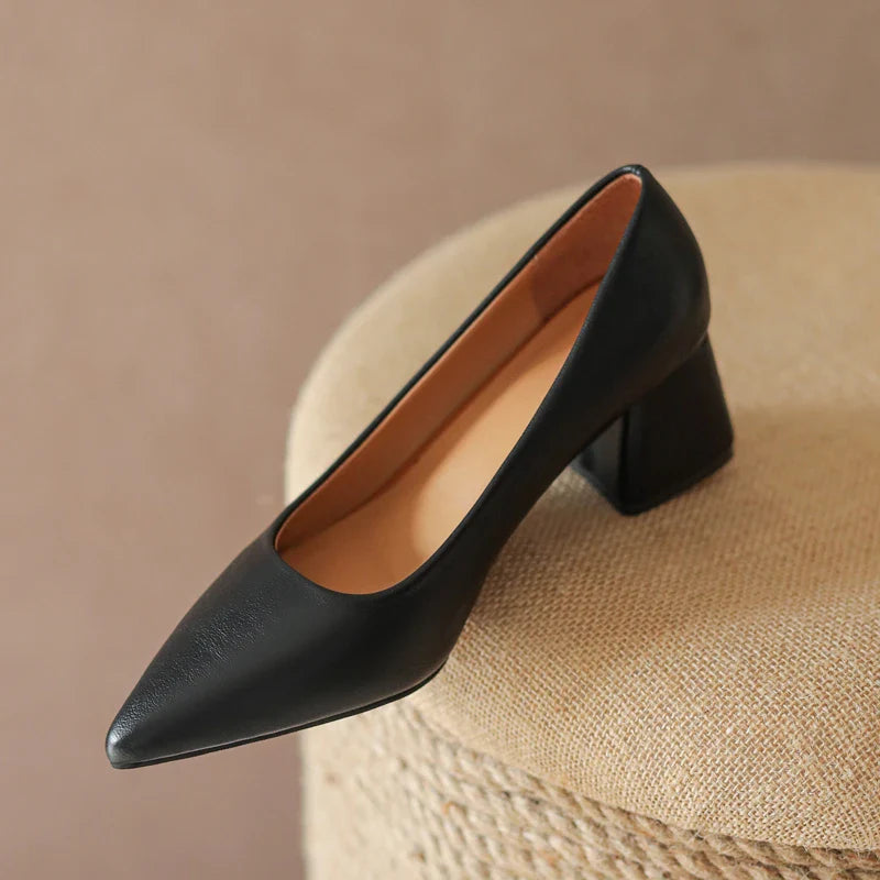 Minimal Block Heel Closed-Toe Leather Pumps